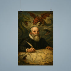 Abraham Ortelius surrounded by monsters on unfinished world map poster 9