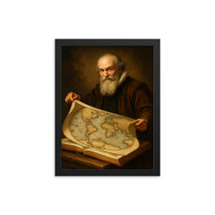 Abraham Ortelius unfurling the first modern atlas framed print on a plain backdrop in size 12"x16".