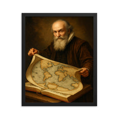 Abraham Ortelius unfurling the first modern atlas framed print on a plain backdrop in size 16"x20".
