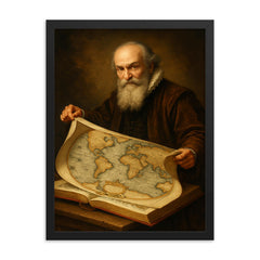 Abraham Ortelius unfurling the first modern atlas framed print on a plain backdrop in size 18"x24".