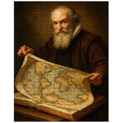 Abraham Ortelius unfurling the first modern atlas jigsaw puzzle
