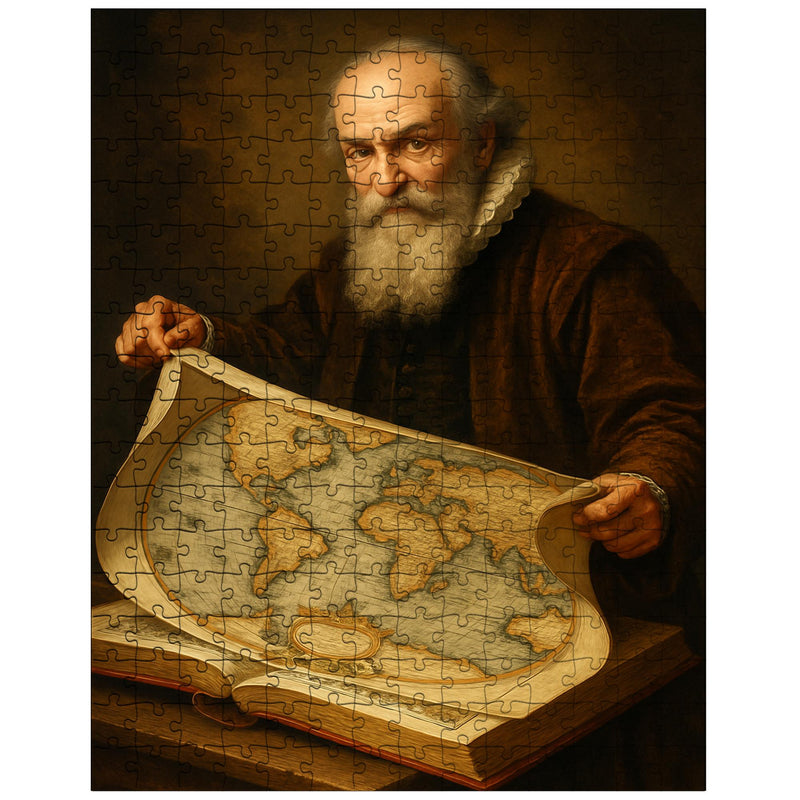 Abraham Ortelius unfurling the first modern atlas jigsaw puzzle