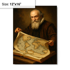 Abraham Ortelius unfurling the first modern atlas metal print on a plain backdrop in size 12"x16".