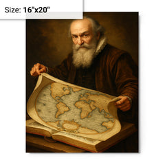 Abraham Ortelius unfurling the first modern atlas metal print on a plain backdrop in size 16"x20".