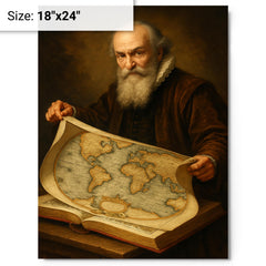 Abraham Ortelius unfurling the first modern atlas metal print on a plain backdrop in size 18"x24".