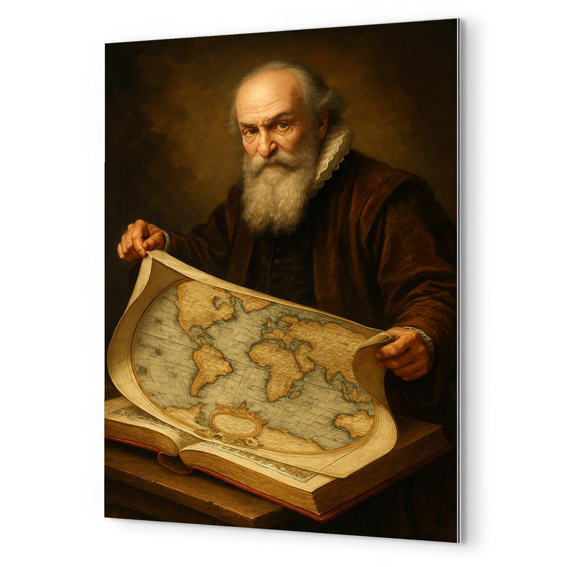 Abraham Ortelius unfurling the first modern atlas metal print mockup