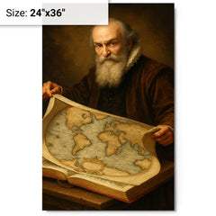 Abraham Ortelius unfurling the first modern atlas metal print on a plain backdrop in size 24"x36".