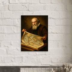 Abraham Ortelius unfurling the first modern atlas metal print mockup