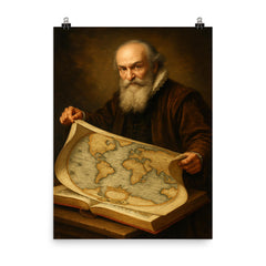 Abraham Ortelius unfurling the first modern atlas poster on a plain backdrop in size 8"x10".