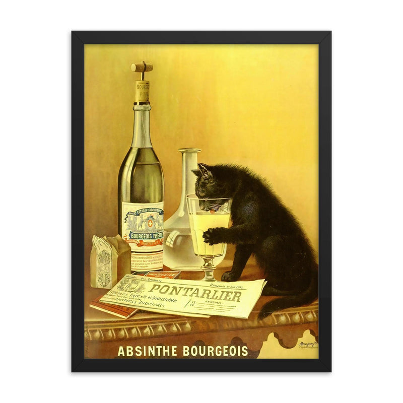 Absinthe Bourgeois - vintage absinthe cat advert framed print on a plain backdrop in size 18
