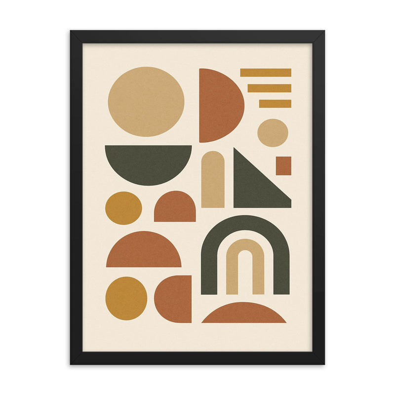 Abstract geometric shapes in muted earth tones framed print mockup 18x24