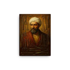 Abu al Qasim al Zahrawi with surgical instruments canvas print on a plain backdrop in size 12"x16".