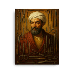 Abu al Qasim al Zahrawi with surgical instruments canvas print on a plain backdrop in size 16"x20".