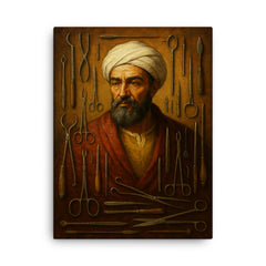 Abu al Qasim al Zahrawi with surgical instruments canvas print on a plain backdrop in size 18"x24".