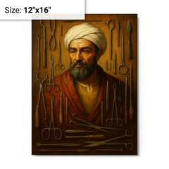 Abu al Qasim al Zahrawi with surgical instruments metal print on a plain backdrop in size 12"x16".