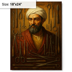 Abu al Qasim al Zahrawi with surgical instruments metal print on a plain backdrop in size 18"x24".
