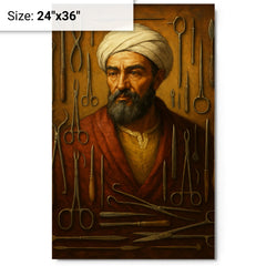 Abu al Qasim al Zahrawi with surgical instruments metal print on a plain backdrop in size 24"x36".