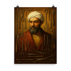 Abu al Qasim al Zahrawi with surgical instruments poster on a plain backdrop in size 8"x10".