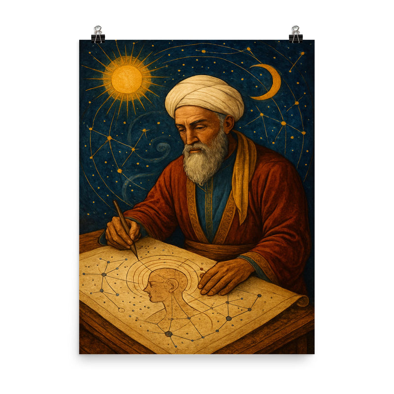 Abu Zayd al Balkhi mapping the soul and stars poster on a plain backdrop in size 8