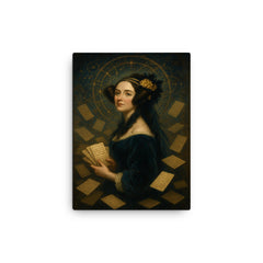 Ada Lovelace amid punched cards and celestial mathematics canvas print on a plain backdrop in size 12"x16".