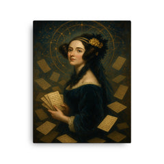 Ada Lovelace amid punched cards and celestial mathematics canvas print on a plain backdrop in size 16"x20".