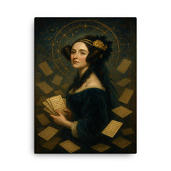 Ada Lovelace amid punched cards and celestial mathematics canvas print on a plain backdrop in size 18"x24".