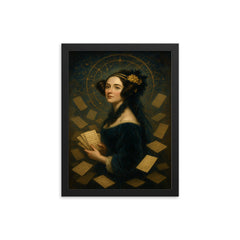 Ada Lovelace amid punched cards and celestial mathematics framed print on a plain backdrop in size 12"x16".