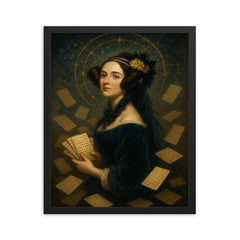 Ada Lovelace amid punched cards and celestial mathematics framed print on a plain backdrop in size 16"x20".