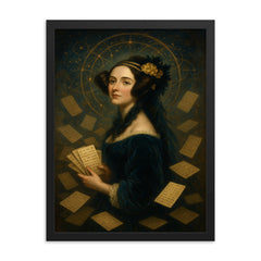 Ada Lovelace amid punched cards and celestial mathematics framed print on a plain backdrop in size 18"x24".