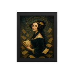 Ada Lovelace amid punched cards and celestial mathematics framed print on a plain backdrop in size 8"x10".