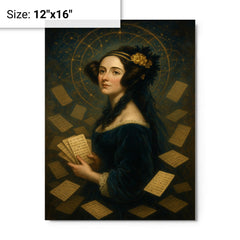 Ada Lovelace amid punched cards and celestial mathematics metal print on a plain backdrop in size 12"x16".