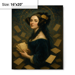 Ada Lovelace amid punched cards and celestial mathematics metal print on a plain backdrop in size 16"x20".