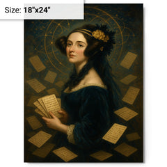 Ada Lovelace amid punched cards and celestial mathematics metal print on a plain backdrop in size 18"x24".