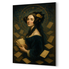 Ada Lovelace amid punched cards and celestial mathematics metal print mockup