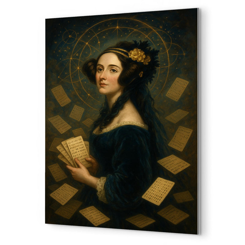 Ada Lovelace amid punched cards and celestial mathematics metal print mockup