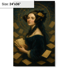 Ada Lovelace amid punched cards and celestial mathematics metal print on a plain backdrop in size 24"x36".