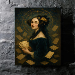 Ada Lovelace amid punched cards and celestial mathematics metal print mockup