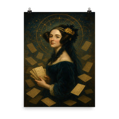 Ada Lovelace amid punched cards and celestial mathematics poster on a plain backdrop in size 8"x10".