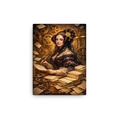 Ada Lovelace among punched cards and mechanical cogs canvas print on a plain backdrop in size 12"x16".