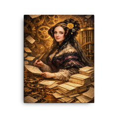 Ada Lovelace among punched cards and mechanical cogs canvas print on a plain backdrop in size 16"x20".