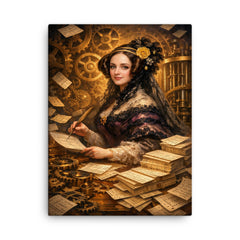 Ada Lovelace among punched cards and mechanical cogs canvas print on a plain backdrop in size 18"x24".
