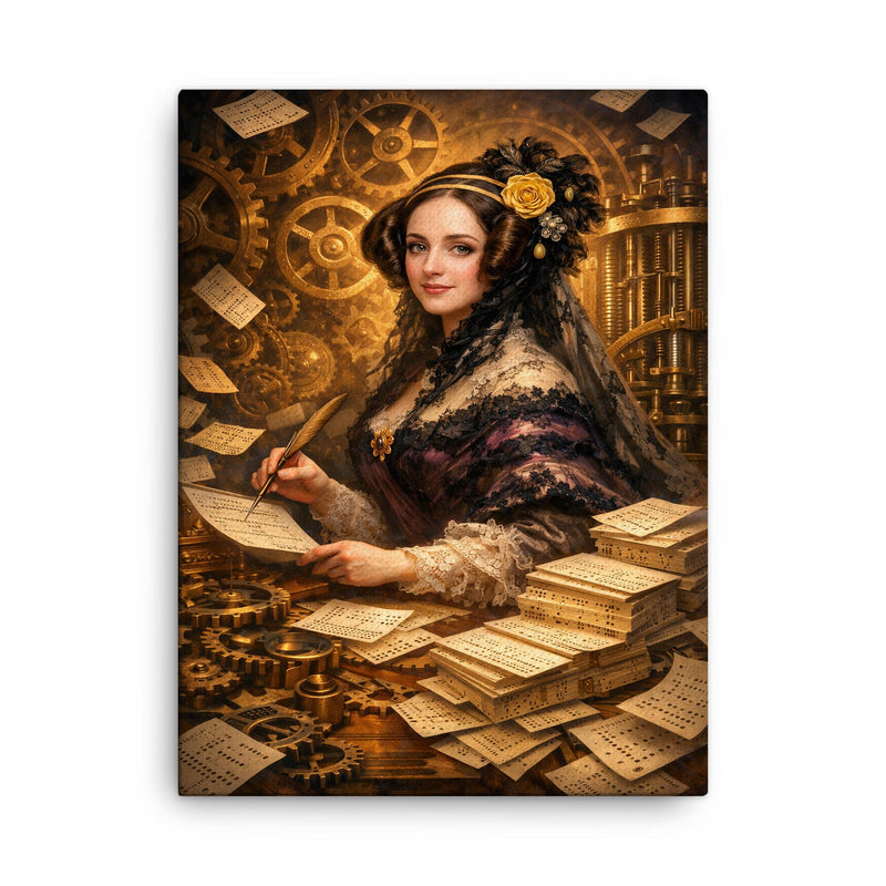 Ada Lovelace among punched cards and mechanical cogs canvas print on a plain backdrop in size 18