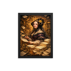 Ada Lovelace among punched cards and mechanical cogs framed print on a plain backdrop in size 12"x16".