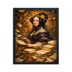 Ada Lovelace among punched cards and mechanical cogs framed print on a plain backdrop in size 16"x20".