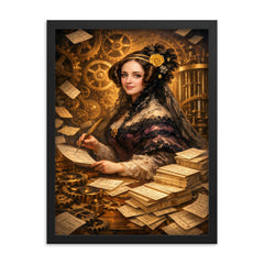 Ada Lovelace among punched cards and mechanical cogs framed print on a plain backdrop in size 18"x24".