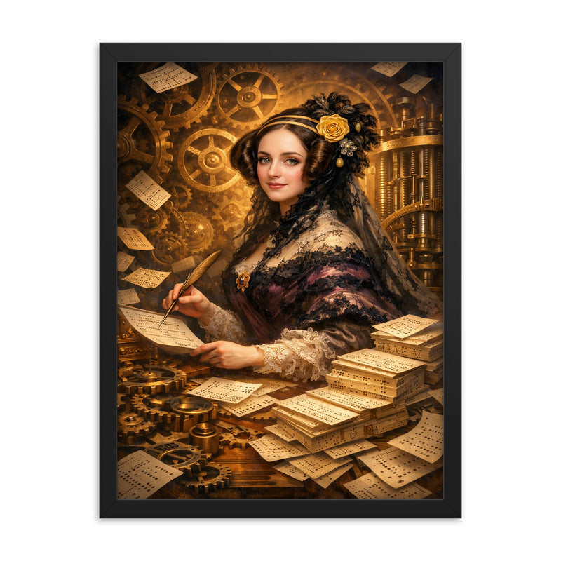 Ada Lovelace among punched cards and mechanical cogs framed print on a plain backdrop in size 18