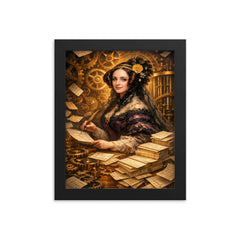 Ada Lovelace among punched cards and mechanical cogs framed print on a plain backdrop in size 8"x10".