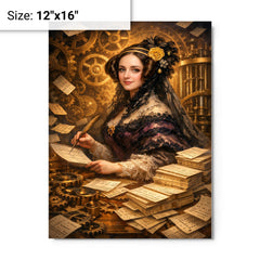 Ada Lovelace among punched cards and mechanical cogs metal print on a plain backdrop in size 12"x16".