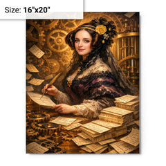 Ada Lovelace among punched cards and mechanical cogs metal print on a plain backdrop in size 16"x20".