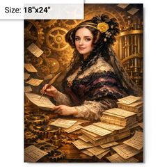 Ada Lovelace among punched cards and mechanical cogs metal print on a plain backdrop in size 18"x24".